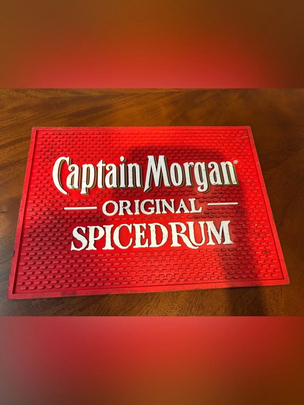 HUGE vintage Captain Morgan Spiced Rum red rubber bar mat - Man Cave! She-Shed!